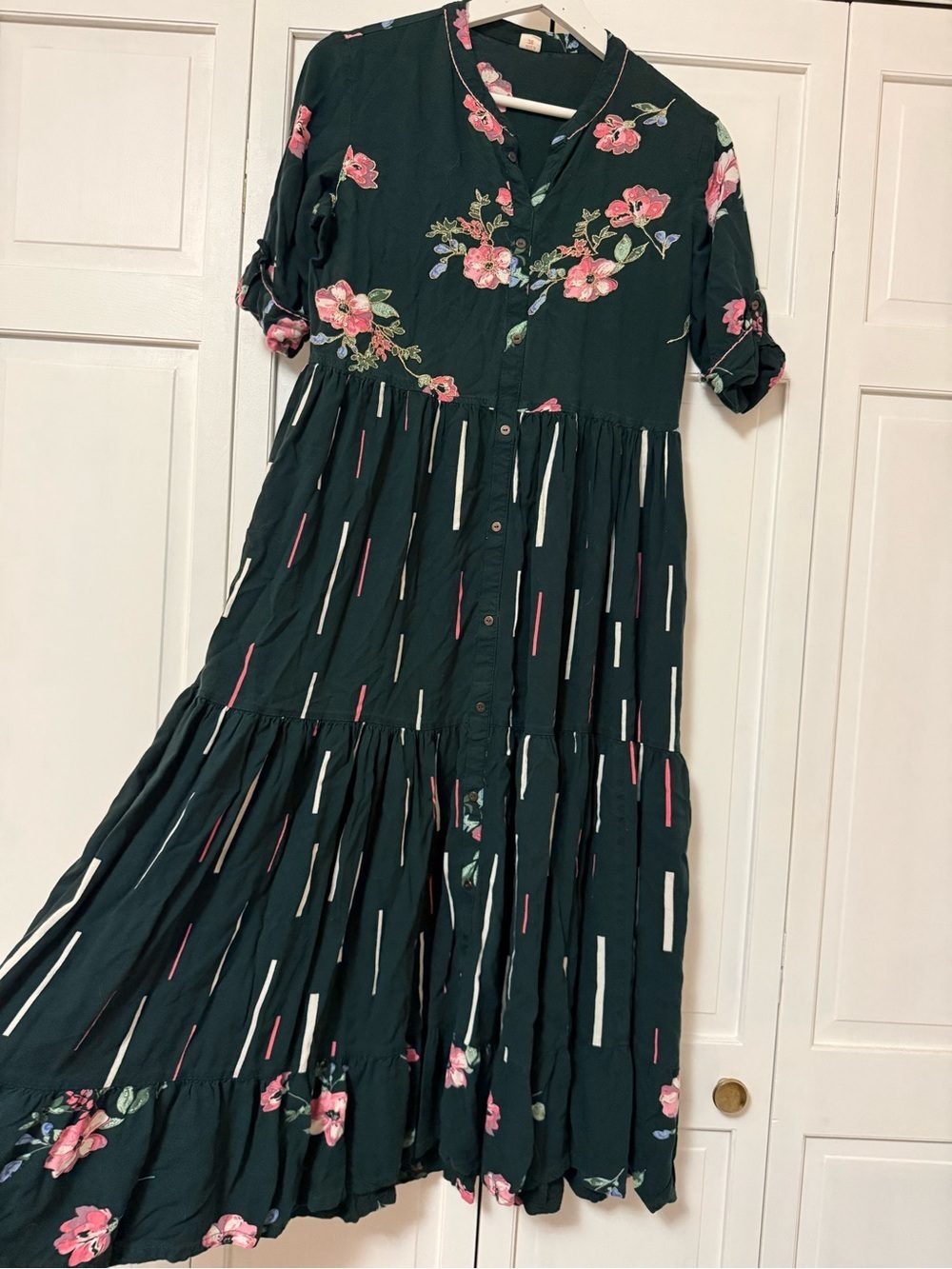 Floral Button Down Midi Dress in Dark Green Lagenlook Boho Fairy Modest